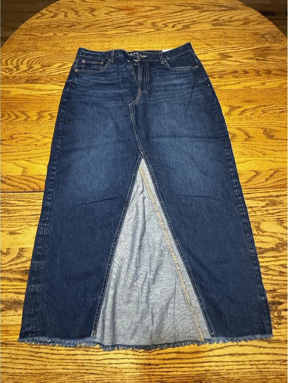 American Eagle 90s High Rise Maxi Denim Skirt 12 31W Front Slit Raw Hem Grunge